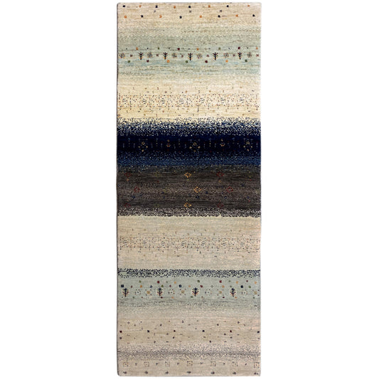 Gabbeh rug runner with stripes in beige, dark blue and black