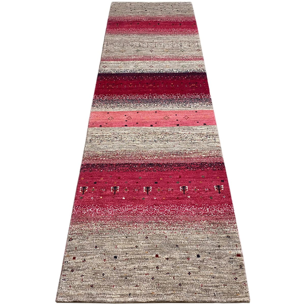 Gabbeh runner rug with patterned stripes in beige/gray and burgundy