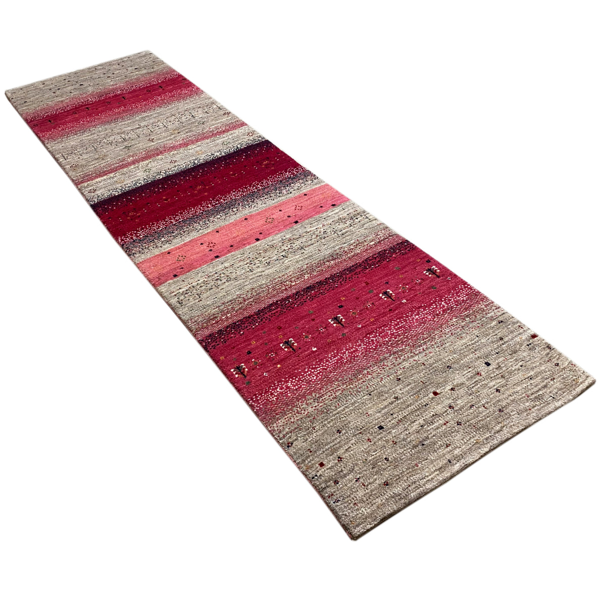 Gabbeh runner rug diagonal, beige-gray with burgundy and pink stripes