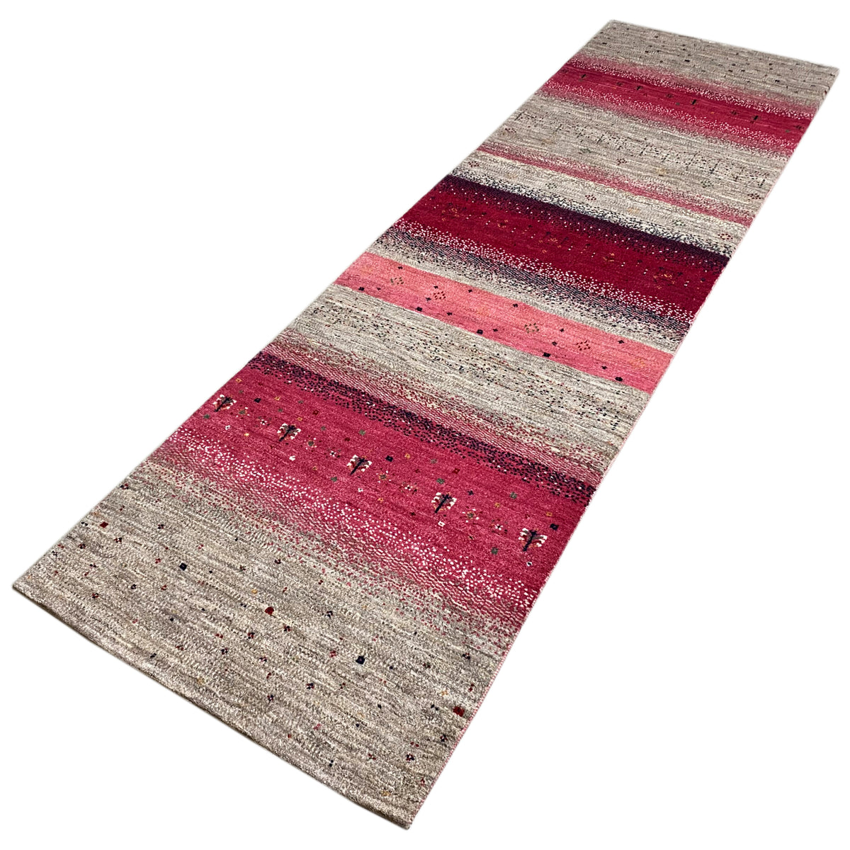 Gabbeh rug runner with diagonal stripes in beige, gray, and burgundy zones