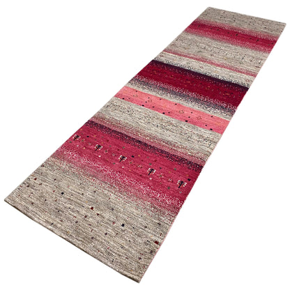 Gabbeh rug runner with diagonal stripes in beige, gray, and burgundy zones
