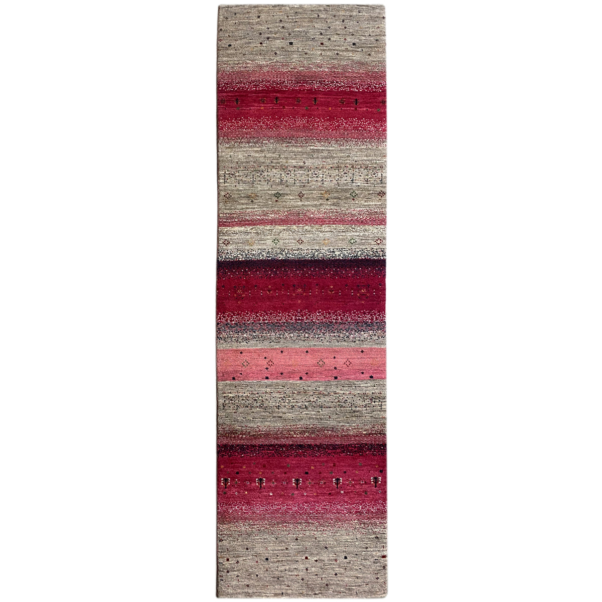 Gabbeh runner rug with beige, gray, and burgundy stripes running lengthwise