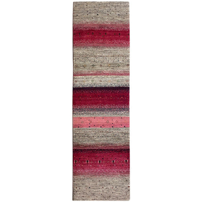 Gabbeh runner rug with beige, gray, and burgundy stripes running lengthwise