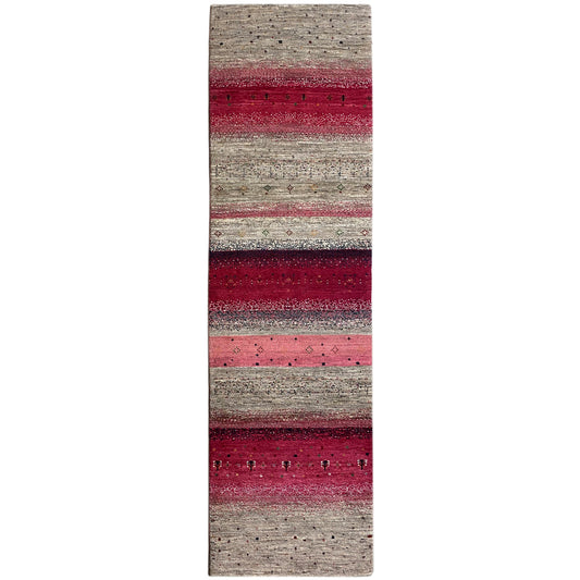 Gabbeh runner rug with beige, gray, and burgundy stripes running lengthwise
