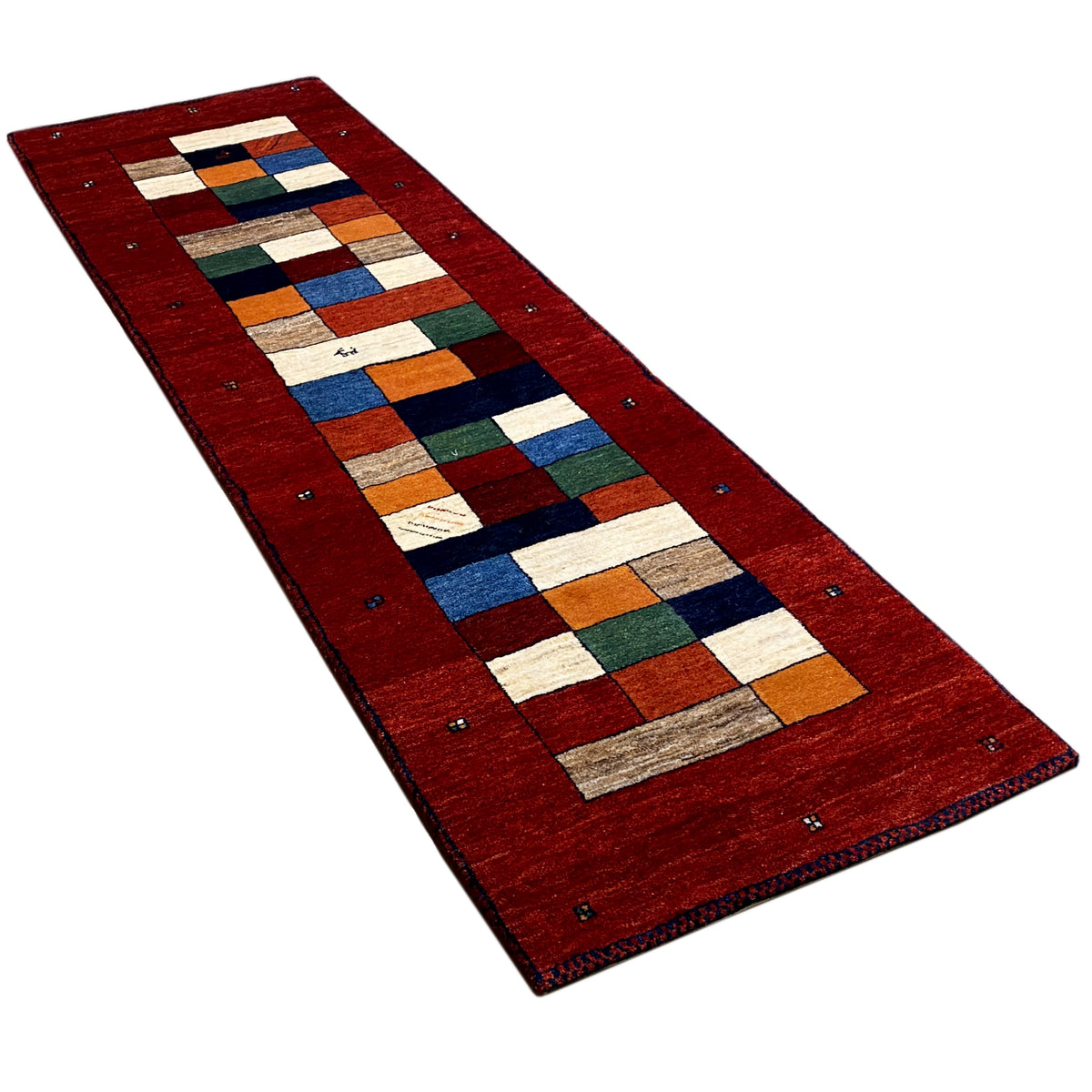 Gabbeh rug runner, red design with geometric patchwork and border trim