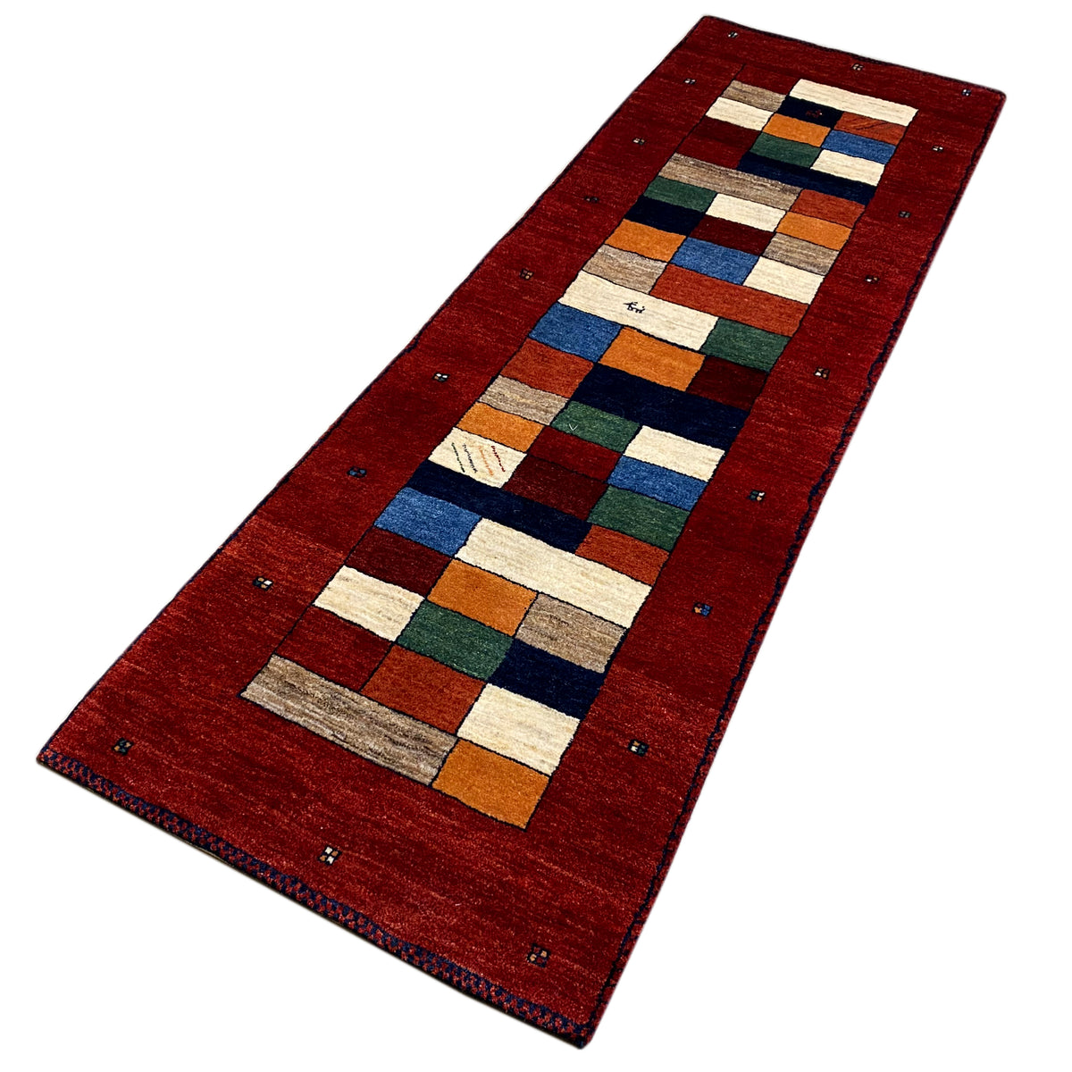 Gabbeh runner rug with a red border, rectangular ornamental band, and colorful blocks