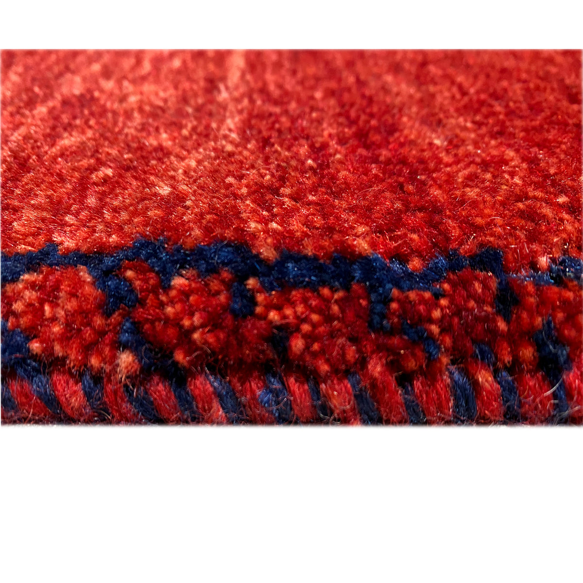 Close-up of a Gabbeh rug runner: dense red pile with a dark blue edge border