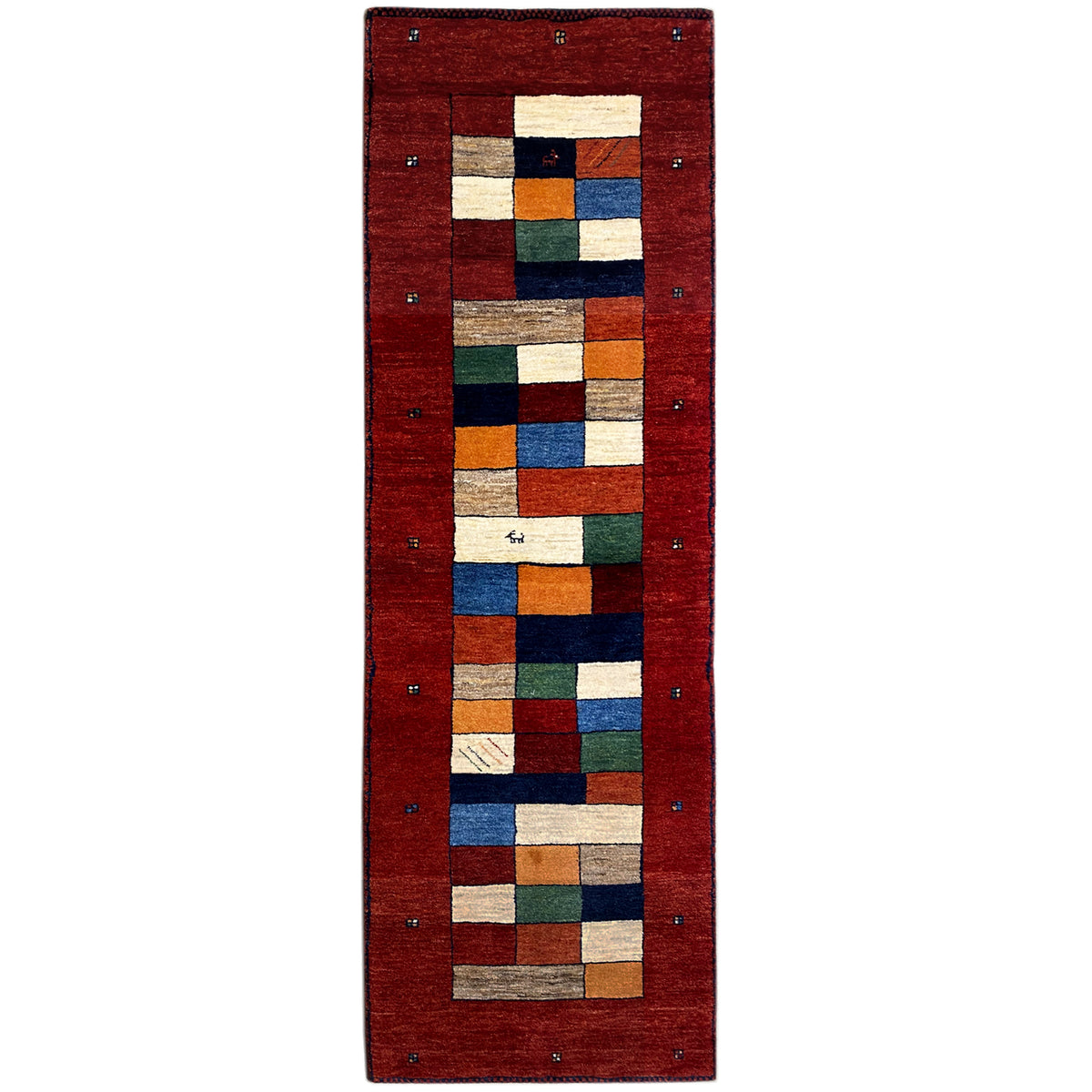 Gabbeh runner rug with a red field and multicolored square pattern