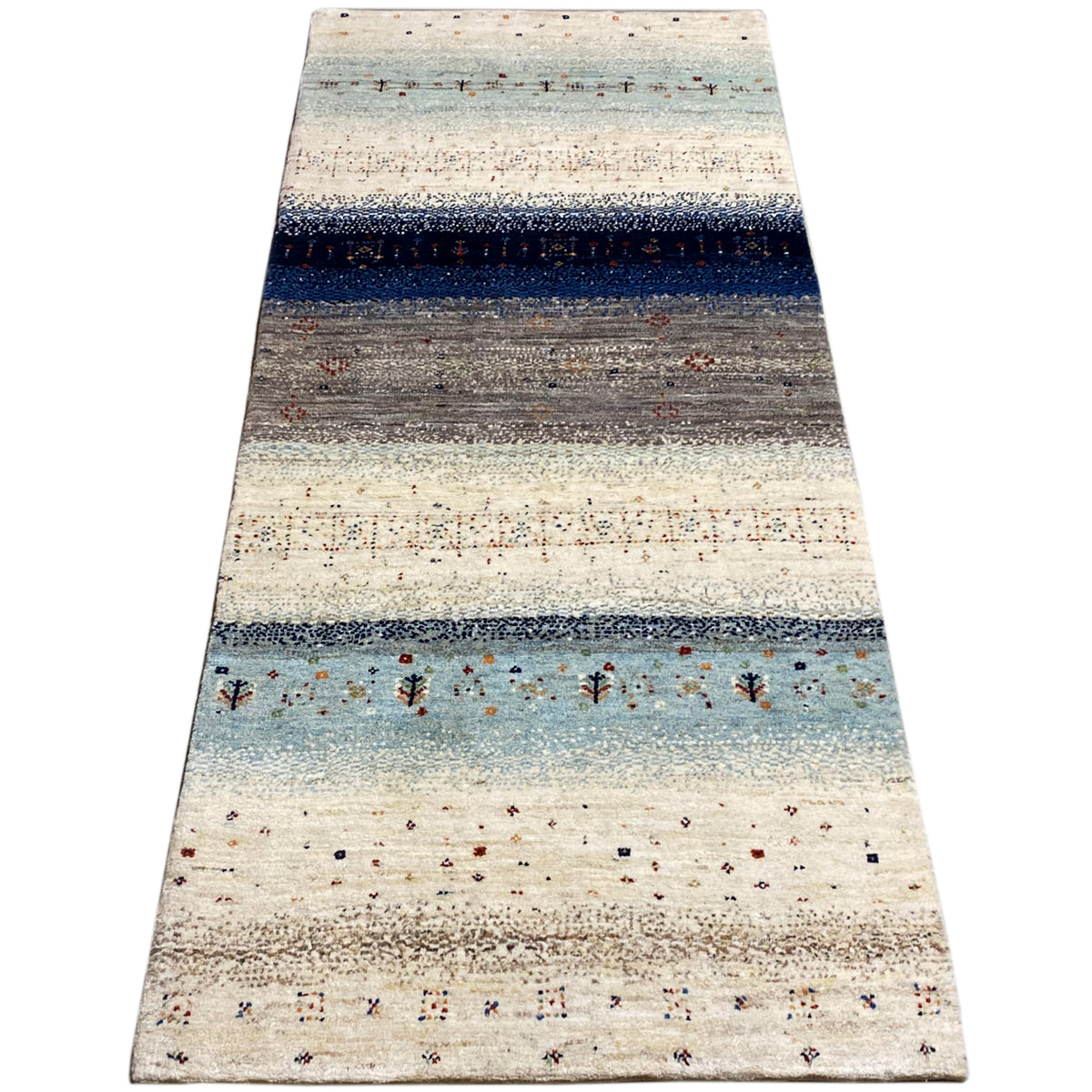 Blue Gabbeh runner rug, striped design in blue, gray, and light beige