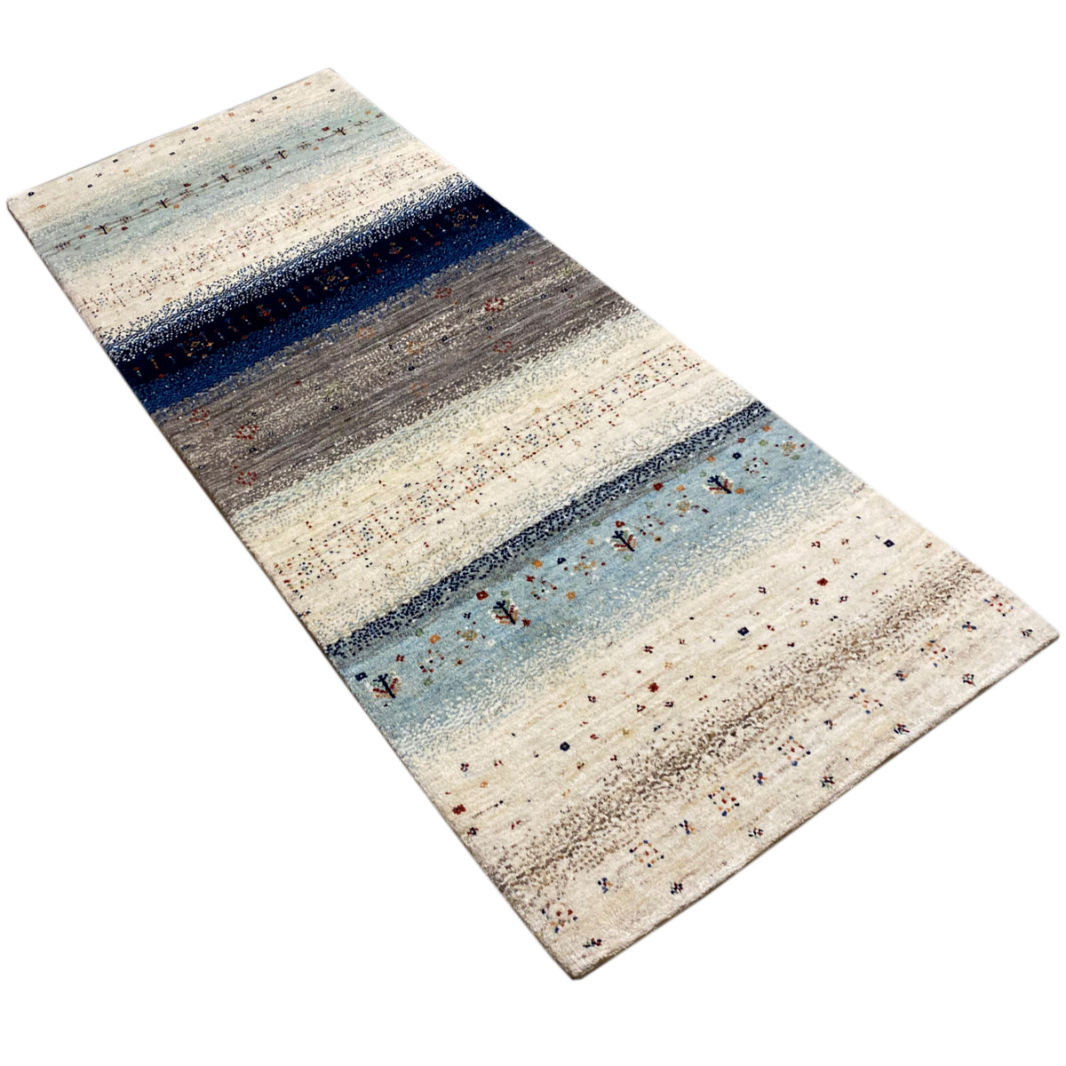 Blue Gabbeh runner rug, diagonal stripe pattern in blue and gray on light beige