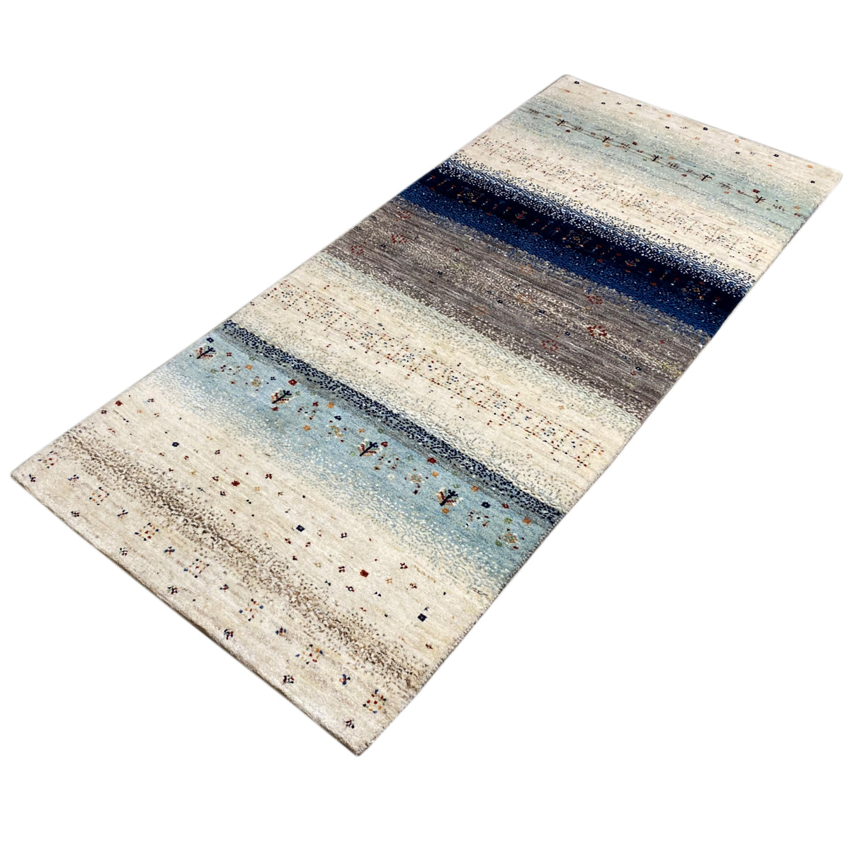 Blue Gabbeh runner rug, diagonal, with a wide blue central band and shades of gray