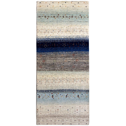 Blue Gabbeh runner rug with stripes in blue, gray, and light beige, rectangular