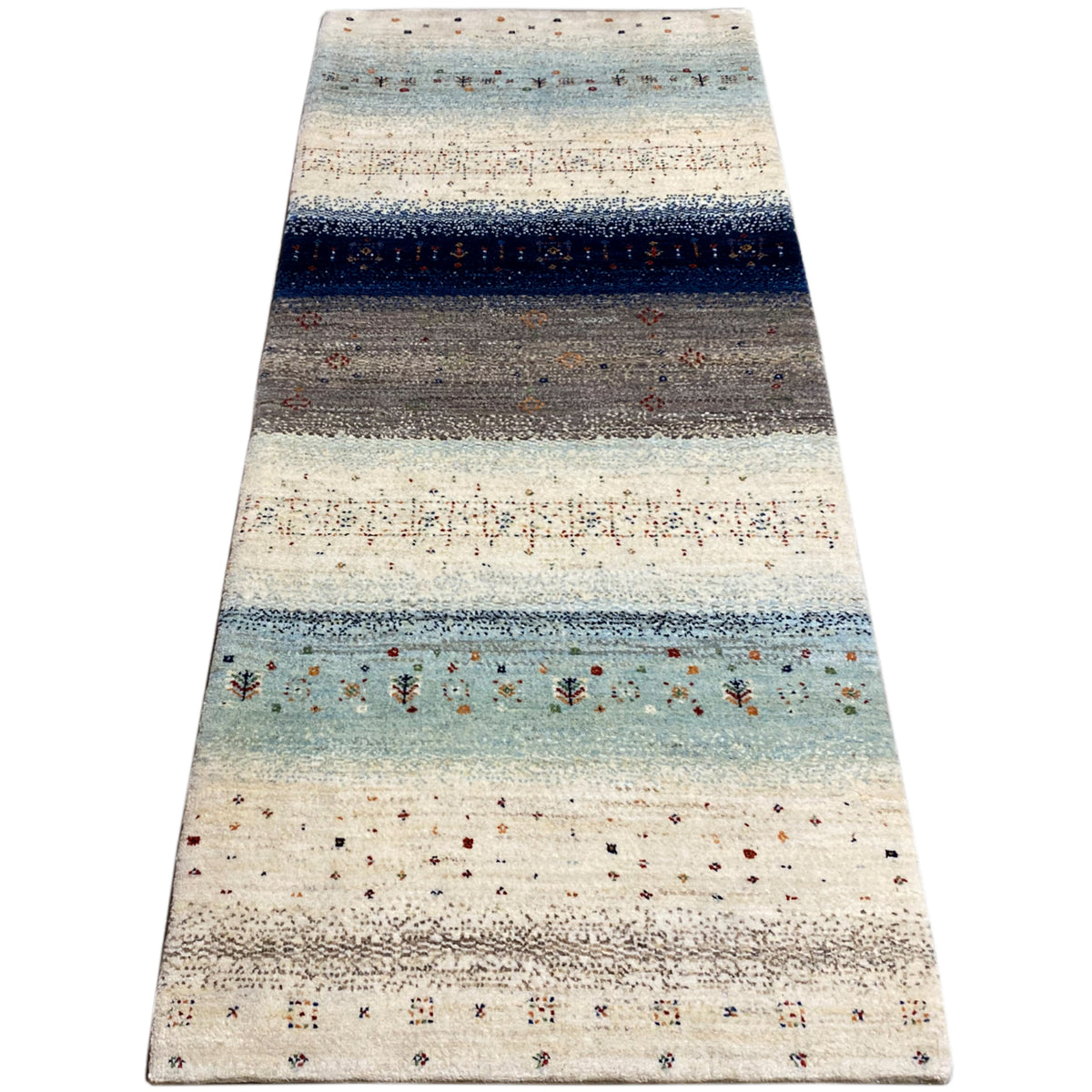 Gabbeh runner rug, light beige with a blue central stripe and multicolored dot patterns