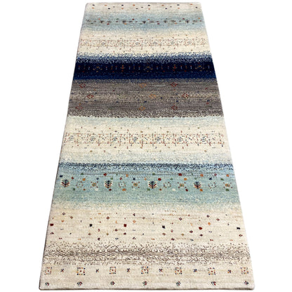 Gabbeh runner rug, light beige with a blue central stripe and multicolored dot patterns