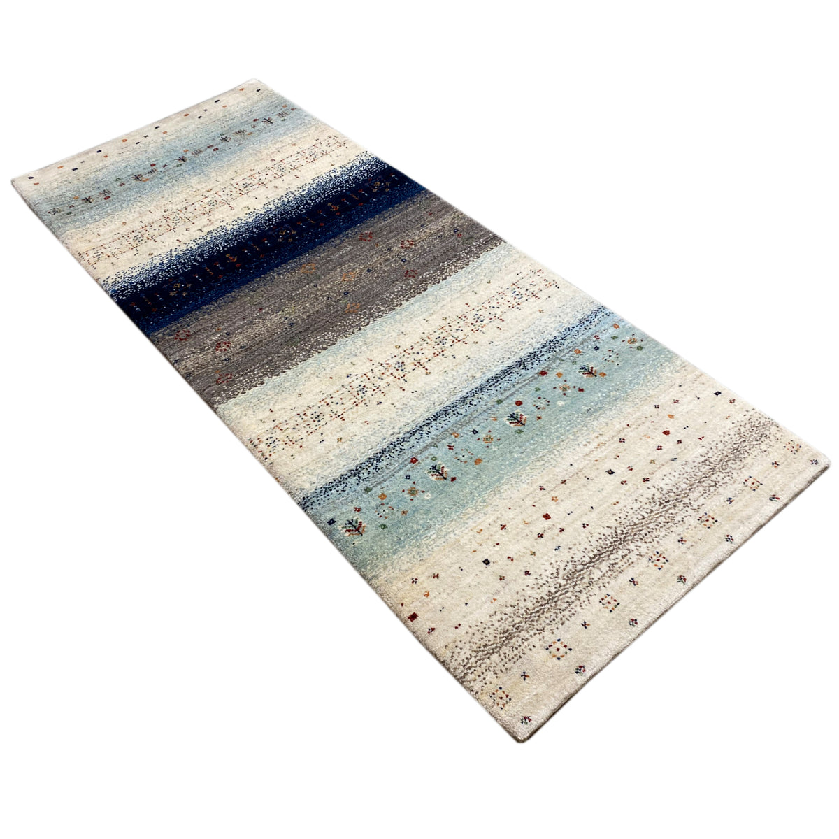 Gabbeh rug runner with diagonal light blue and gray stripes and delicate dotted detailing