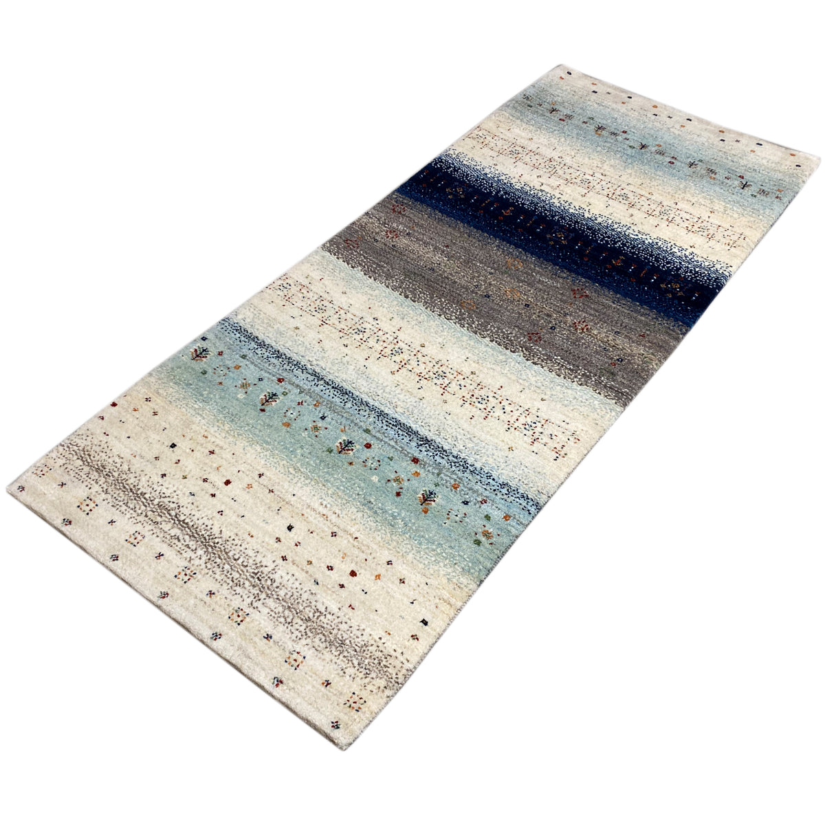 Elongated Gabbeh rug runner, light beige areas with a blue border stripe and colorful dots