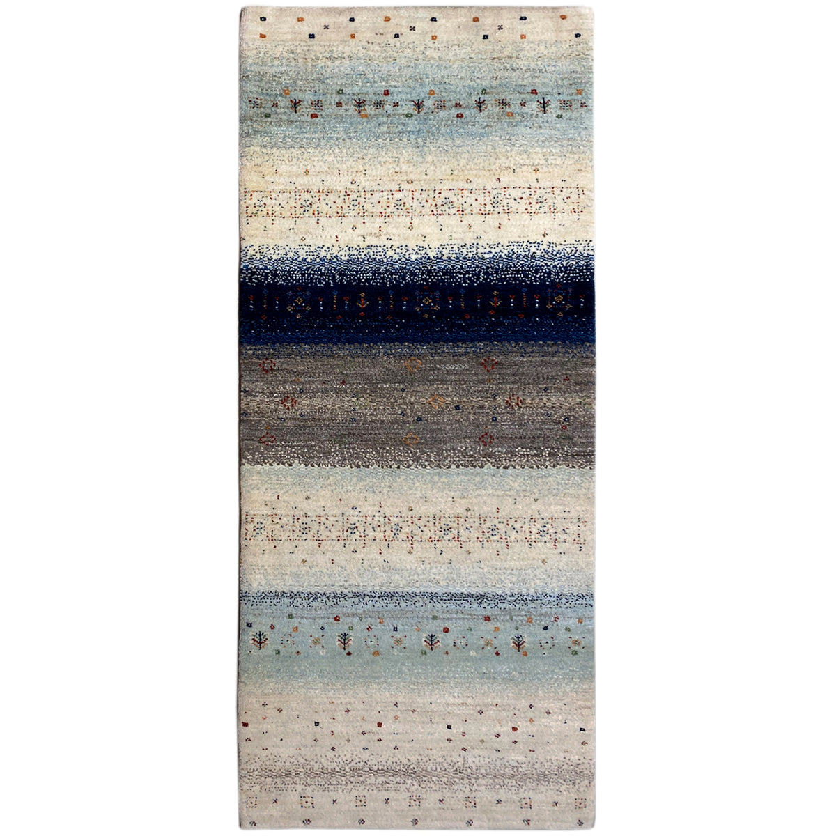 Gabbeh runner rug with a light beige background, blue-gray stripes, and colorful patterned dots