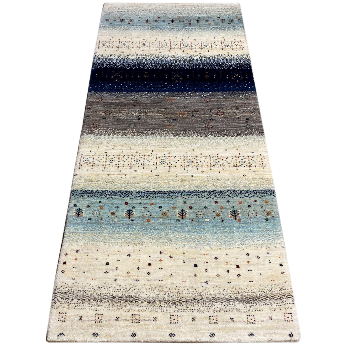 Gabbeh runner rug with broad bands of color in cream, blue, and gray, fine ornaments