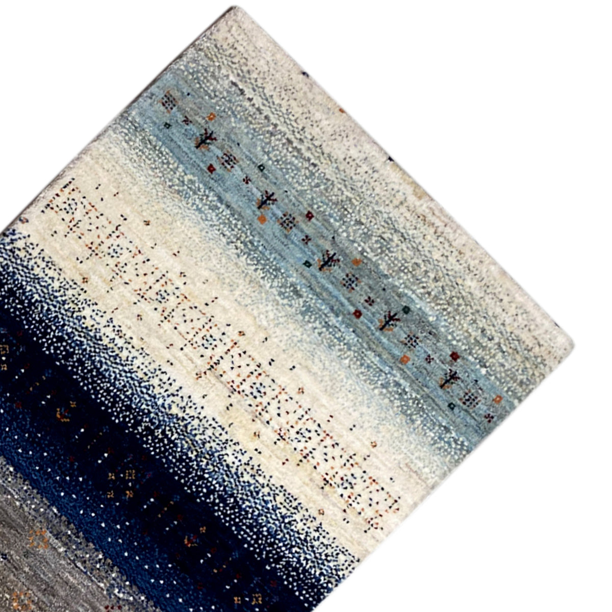 Gabbeh rug runner, side view: blue striped pattern with small ornaments in the center