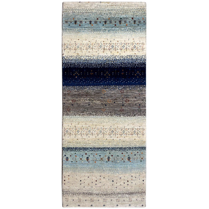 Gabbeh runner rug with stripes in light beige, blue, and dark blue, floral pattern