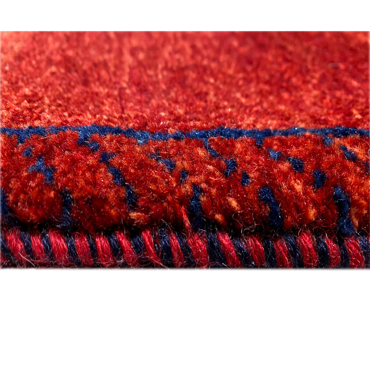 Close-up of the carpet edge: red pile with blue binding and fringes