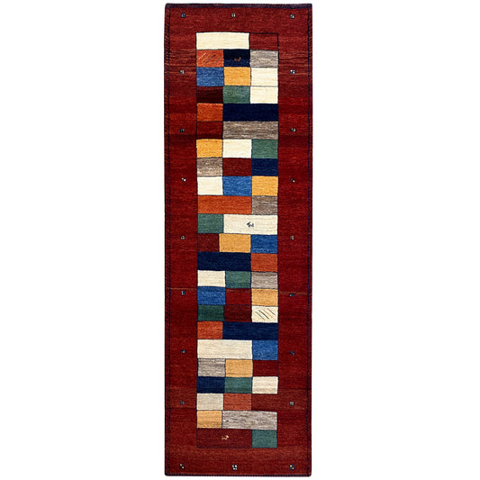 Red Gabbeh runner rug with a rectangular patchwork pattern made of colorful blocks