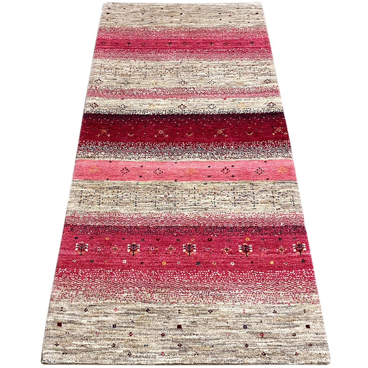 Gabbeh runner rug 190x80 cm, long striped pattern in pink, burgundy, and beige