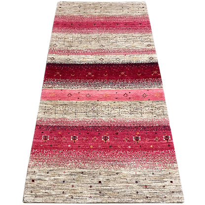 Gabbeh runner rug 190x80 cm, long striped pattern in pink, burgundy, and beige
