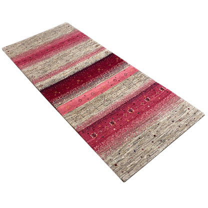 Gabbeh rug runner 190x80 cm, diagonal, stripes in beige and pink tones with dark dots