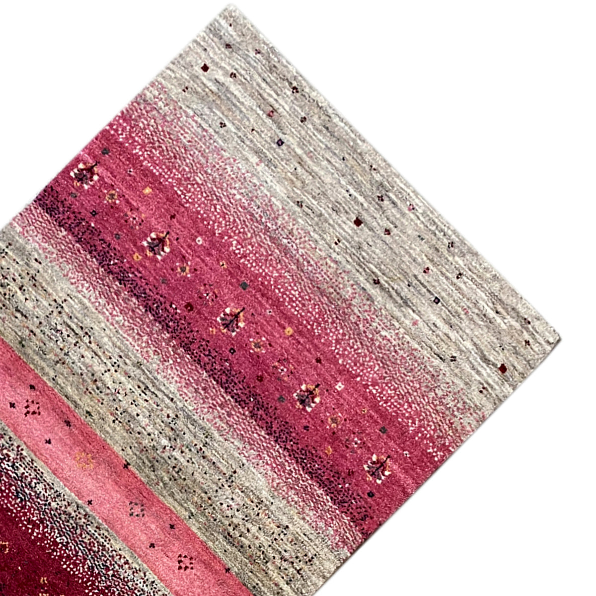 Gabbeh rug runner 190x80 cm, angled, with stripes in pink, burgundy and beige with fine dots