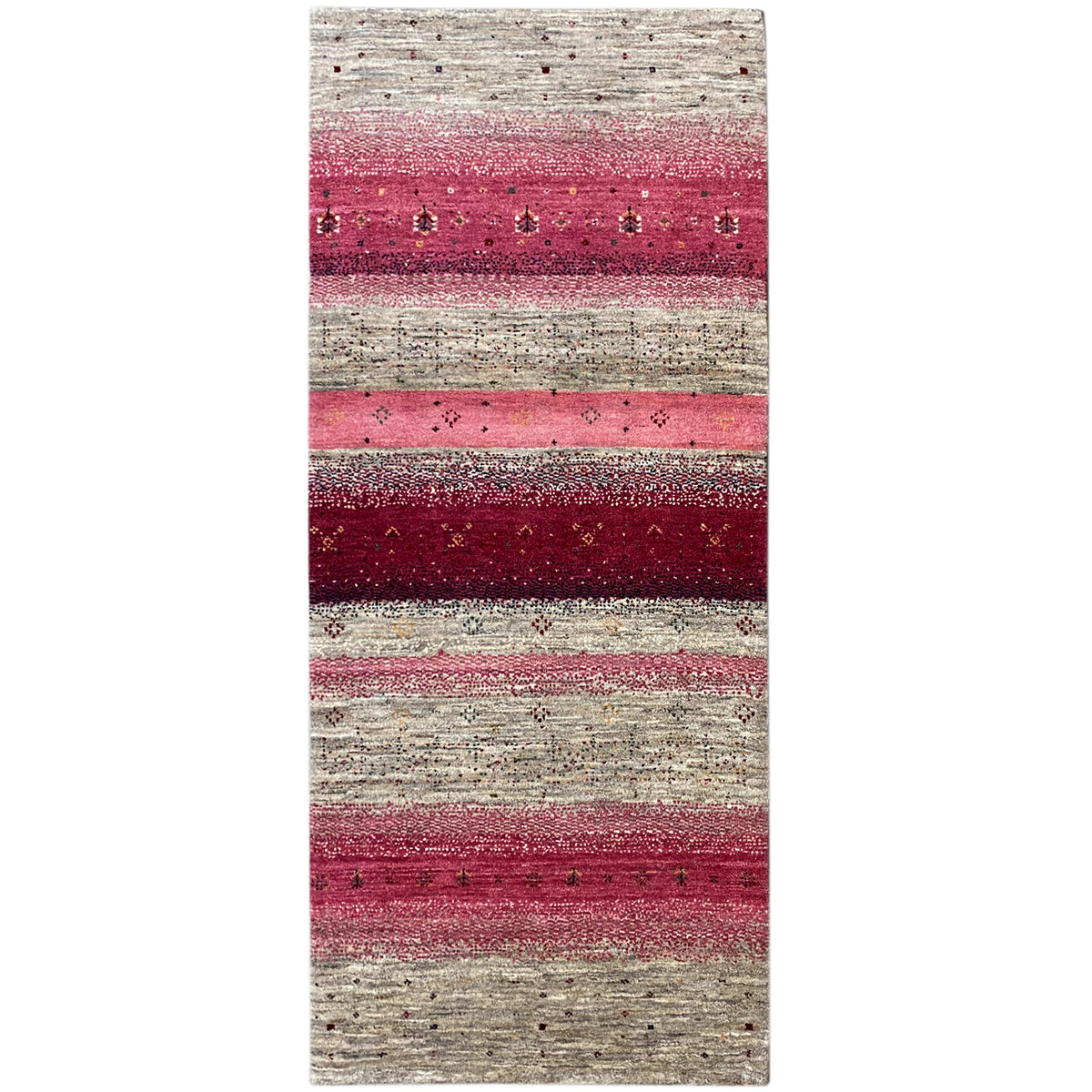 Gabbeh runner rug 190x80 cm with a striped pattern in pink, burgundy and beige