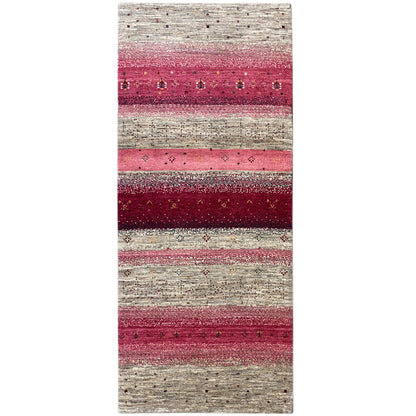 Gabbeh runner rug 190x80 cm with a striped pattern in pink, burgundy and beige