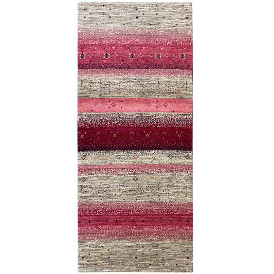 Gabbeh runner rug 190x80 cm with a striped pattern in pink, burgundy and beige