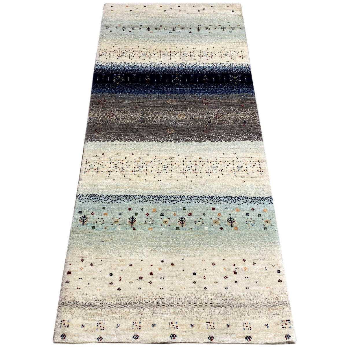 Gabbeh runner rug, wide-striped design in cream, blue, and gray