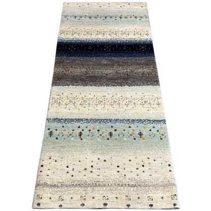 Gabbeh runner rug, wide-striped design in cream, blue, and gray