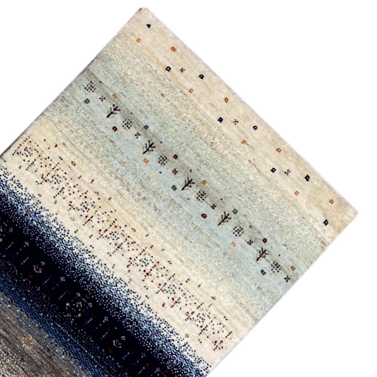 Gabbeh rug runner with vertical color bands and colorful small floral motifs