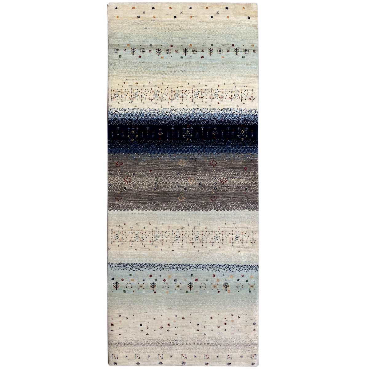 Gabbeh runner rug with a striped pattern in cream, light blue, and dark blue