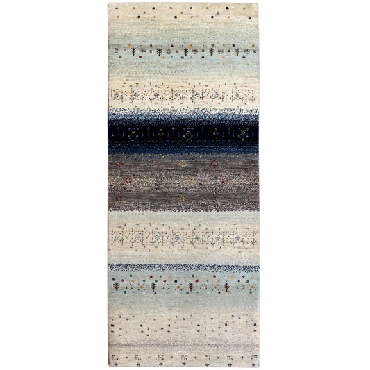Gabbeh runner rug with a striped pattern in cream, light blue, and dark blue