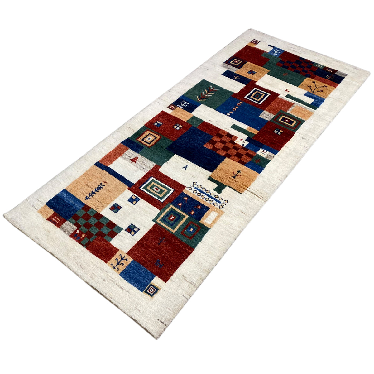Gabbeh rug with multicolored ornamental and square motifs on a light background