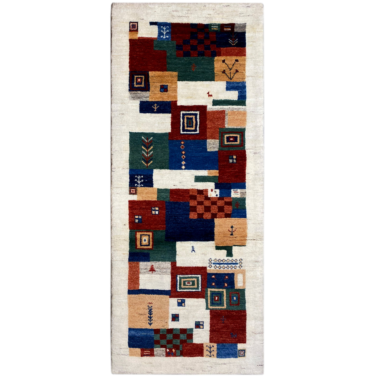 Gabbeh rug with a multicolored geometric patchwork design on a light background