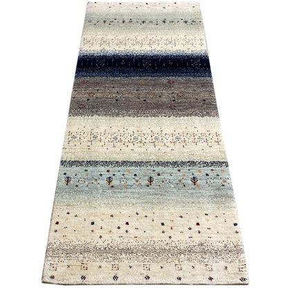 Gabbeh rug runner, light beige with dark blue horizontal stripes and small multicolored motifs