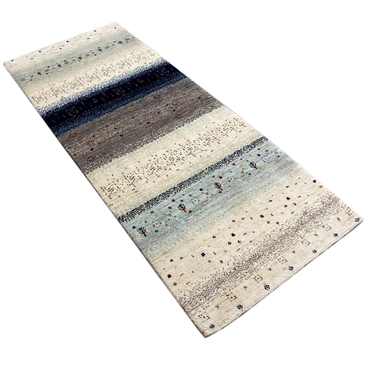 Gabbeh rug runner, diagonal, light beige with blue and gray zones and dot pattern