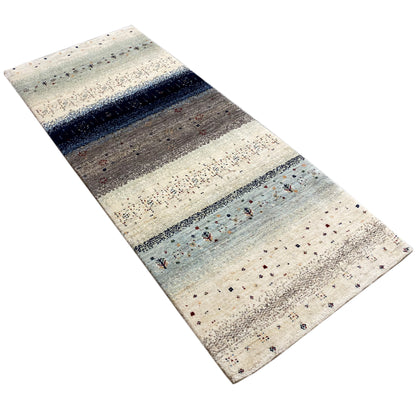 Gabbeh rug runner, diagonal, light beige with blue and gray zones and dot pattern