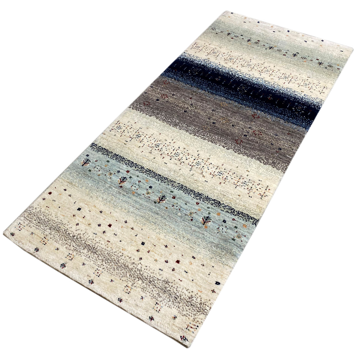 Angled Gabbeh rug runner, light beige with a blue horizontal band, gray areas, and dots