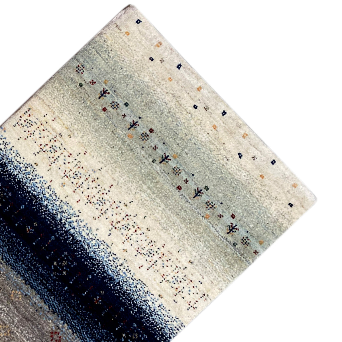 Gabbeh rug runner corner, light beige with blue stripe bands and small red/blue motifs