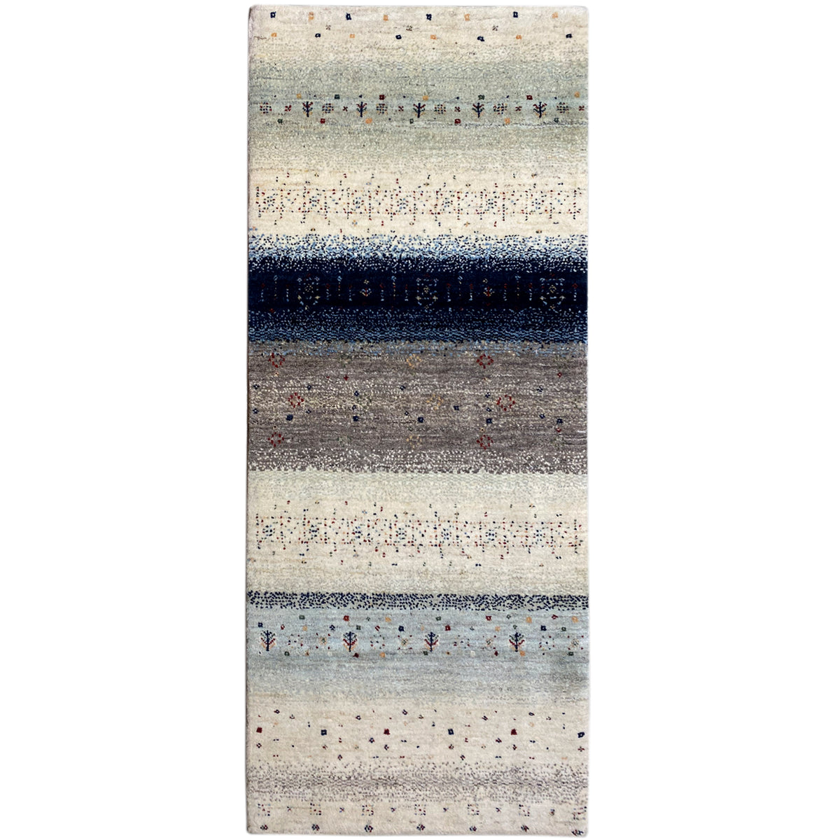 Gabbeh rug runner with a light beige field, dark blue central stripe, and dotted patterns
