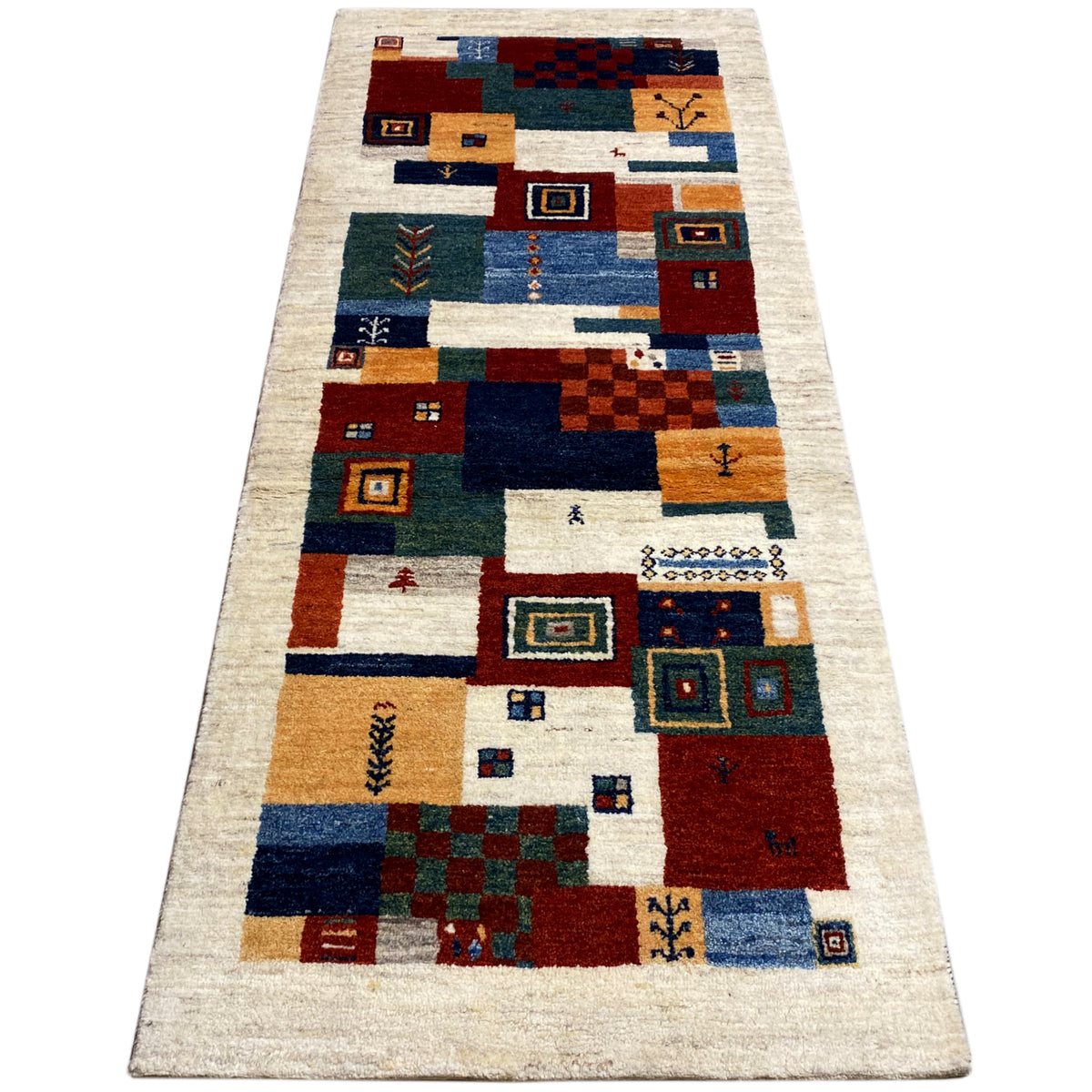 Gabbeh rug with a geometric patchwork pattern, multicolored, flatweave