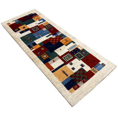 Gabbeh rug, rectangular, multicolored patchwork with ornaments and squares