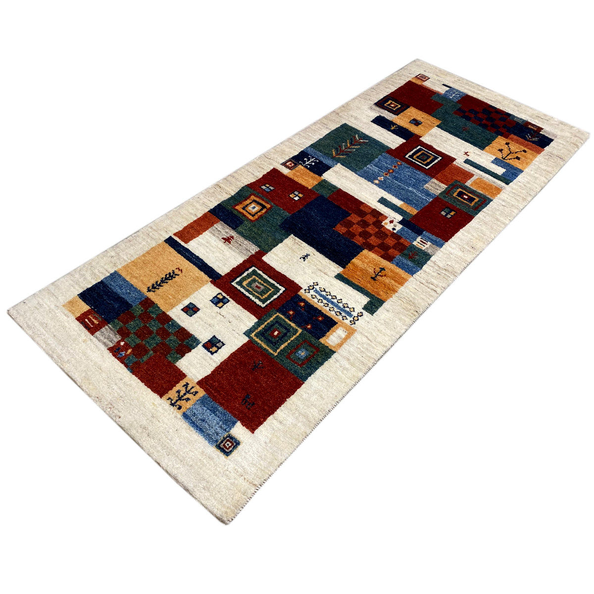 Gabbeh rug with a multicolored block pattern and border details, rectangular