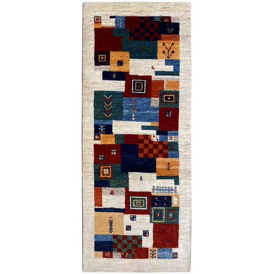 Gabbeh rug with geometric patchwork pattern, multicolored, 191x77 cm